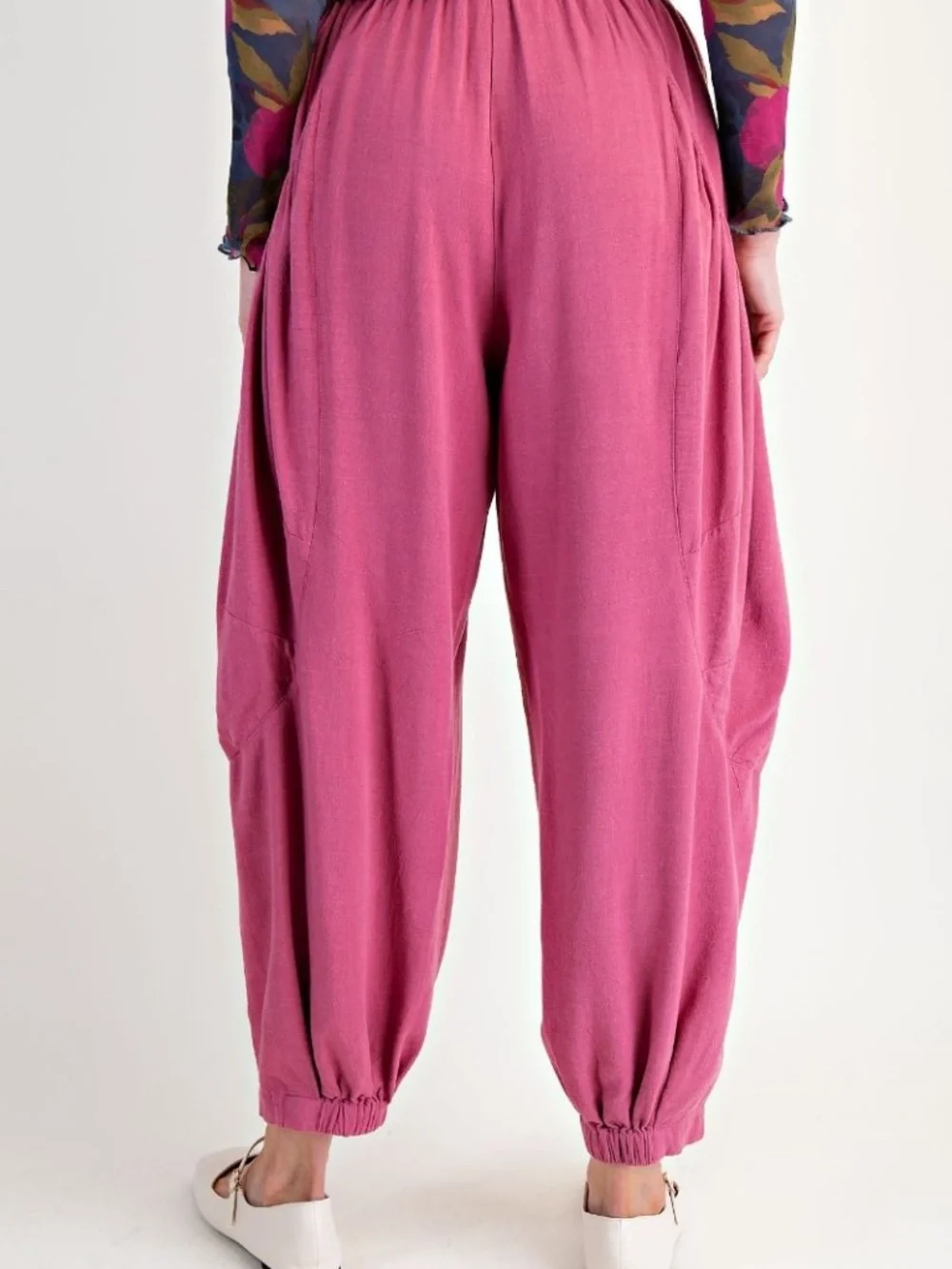 Easel Pink Stretchy waist Harem Ruched Linen Pants - Picture 5 of 7